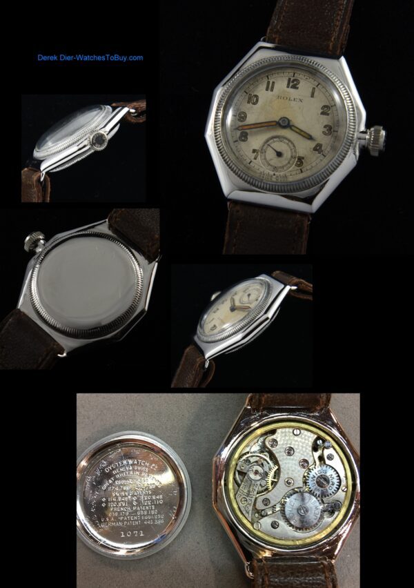 1920s Rolex Oyster stainless steel watch with original octagonal three-piece case, reed bezel, dial, hands, crown, and manual movement.