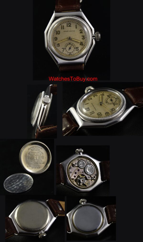1929 Rolex rhodium-plated watch with original Oyster case, dust cover, coin-edge bezel, winding crown, pencil hands, and Prima movement.