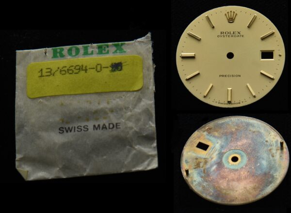 This gold Rolex Oysterdate 6694 dial is all original, near perfect and even has its original Rolex packaging.