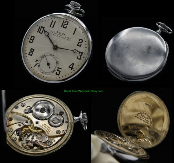1917 Rolex 42mm Platinette pocket watch with all-dial appearance, original dial, clover hands, and six position adjusted fine movement.