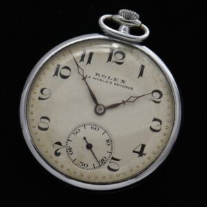 1930s Rolex platinette pocket watch with original dial, large sub-seconds, diamond hands, and serviced movement adjusted to six positions.