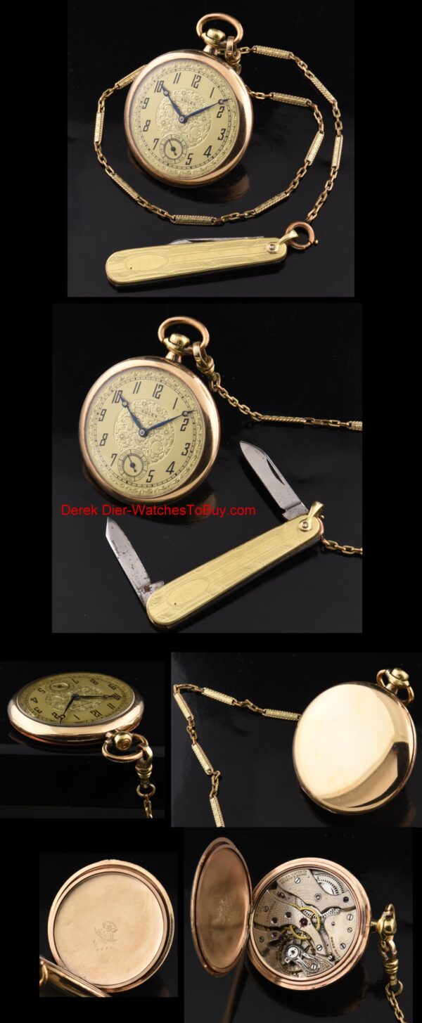 Rolex 45mm gold-filled pocket watch with original case, chain, knife, pristine dial, hands, and fully cleaned manual winding movement.