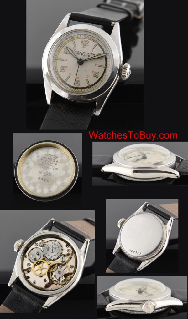 1942 Rolex Oyster Royalite stainless steel WW2-era military watch with original white dial, lume, Arabic markers, case, and modern crown.