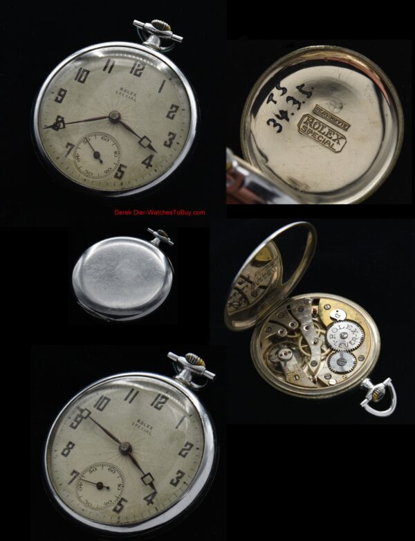 1930s Rolex platinette pocket watch with original patterned dial, stylized handset, and fine, cleaned, accurate manual winding movement.