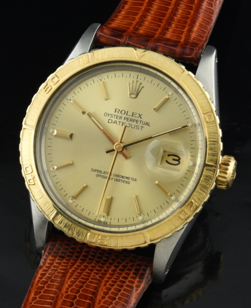 1980 Rolex 36.5mm Turn-O-Graph 18k solid-gold watch with original turning bezel, dial, crown, case, and cleaned automatic winding movement.