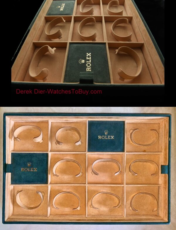 1990s large 10.5x16" suede Rolex Dealer's display tray in great condition with a 10 watch capacity.