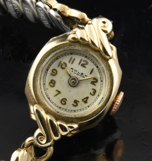1940s Rolex Tudor 27mm gold-filled dual-name ladies cocktail watch with all-original steel-backed case, and cleaned, accurate movement.