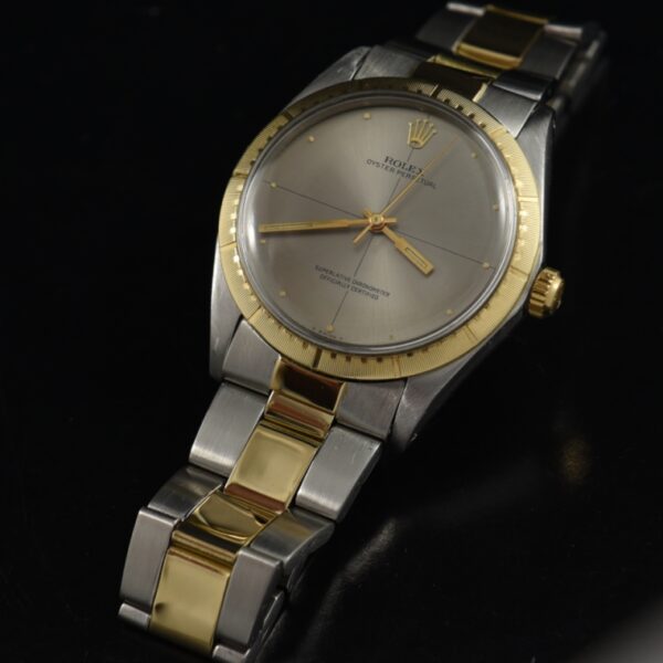 1969 Rolex 34mm Zephyr 14k gold and stainless steel watch with original dial, Oyster bracelet, and caliber 1570 automatic winding movement.