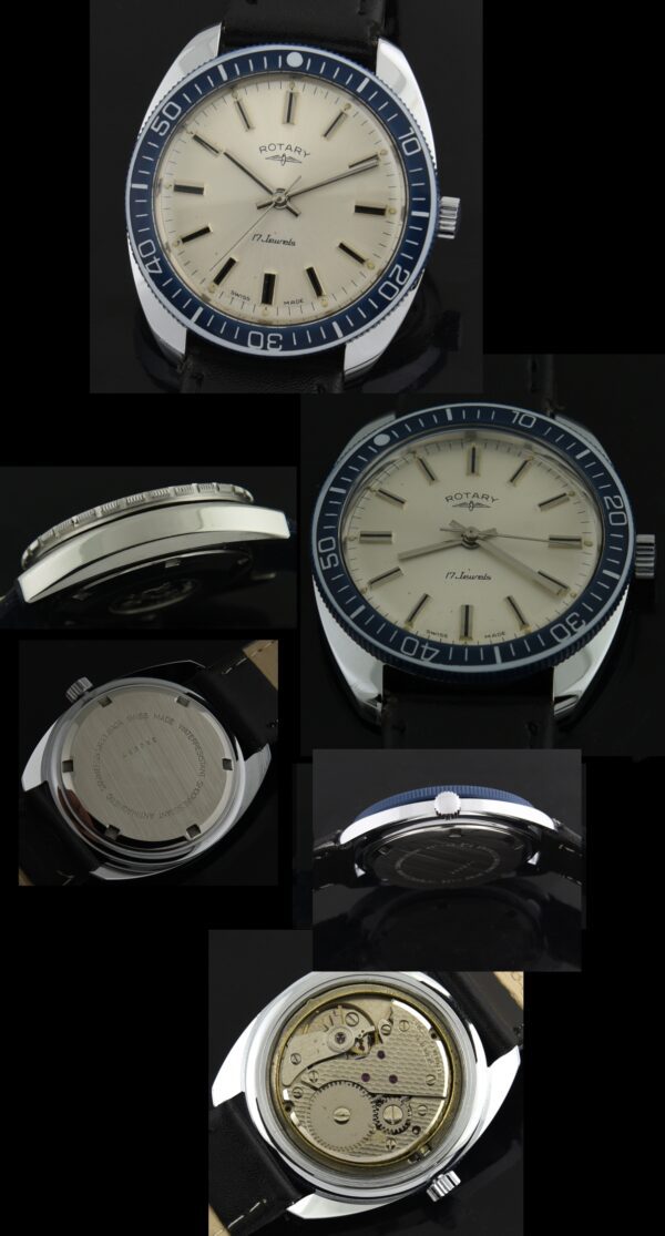 1970s Rotary 36.5mm stainless steel watch with original chunky lugs, dial, unpolished case, blue turning bezel, and manual winding movement.