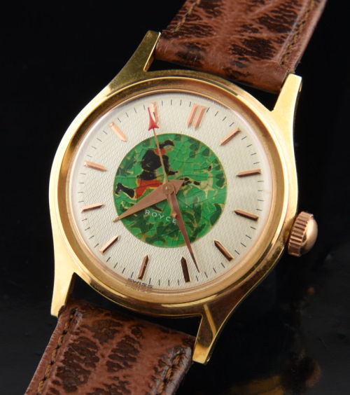 1970s Royce 29mm stainless steel watch with original enamel dial, hand-painted motif, gold-plated case, and cleaned manual winding movement.
