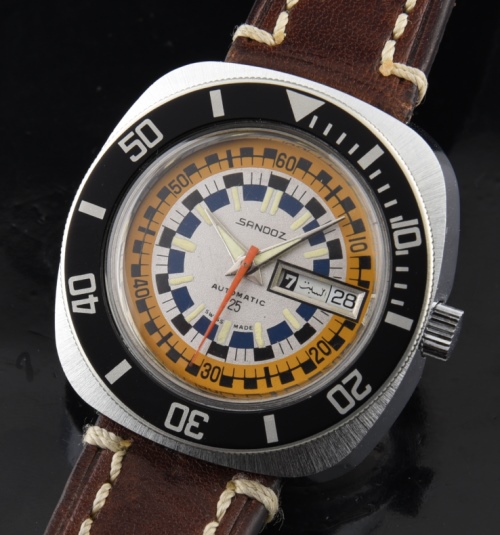 1970s Sandoz 40mm Dive stainless steel watch with original exotic dial, wide bezel, case, and cleaned automatic winding Swiss movement.