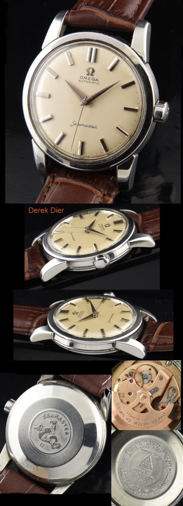 1959 Omega 34mm Seamaster stainless steel watch with original case, beefy lugs, winding crown, dial, and caliber 501 automatic movement.
