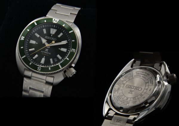 2022 Seiko 42.5mm Prospex 'Turtle' automatic watch with green bezel, 4R caliber, turning compass bezel, screw-down crown, and glowing dial.