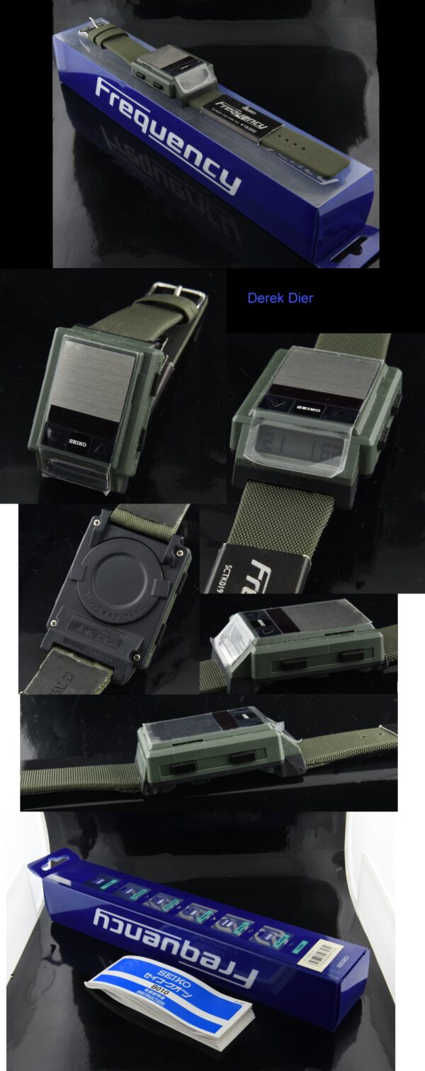 1990s Seiko Frequency Dj Beat Metronome stainless steel watch with original LED/LCD display, adjustable BPM, box, and instruction papers.
