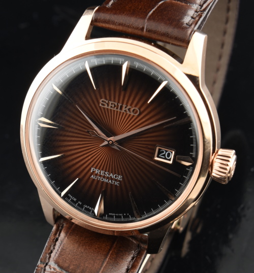 2018 Seiko 40.5mm Presage Cocktail Time rose-gold-plated watch with original starburst brown dial, flip-lock buckle, and automatic movement.