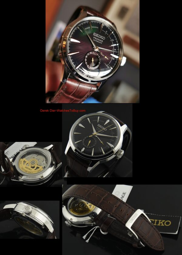 2020 Seiko 40.5mm Presage Automatic 'Black Cat Martini Cocktail Time' stainless steel watch with power-reserve indicator, and brown dial.