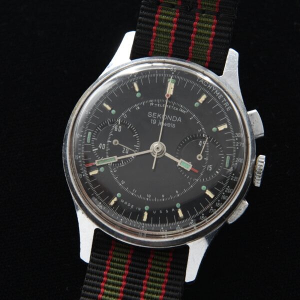 1970s Sekonda 36mm stainless steel Russian chronograph watch with original black dial, hands, lume, and Poljot 3017 column-wheel movement.