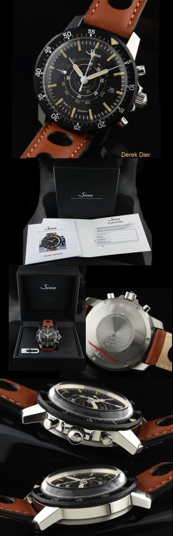 2012 Sinn Tachymetric Manufactum-Edition pilot's chronograph watch with original box, papers, Super-LumiNova-coated hands, and band/buckle.