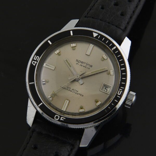 1960s Sperina 36mm chronium dive watch with original manual winding movement, turning perspex bezel, dial, and triangle-tipped second hand.