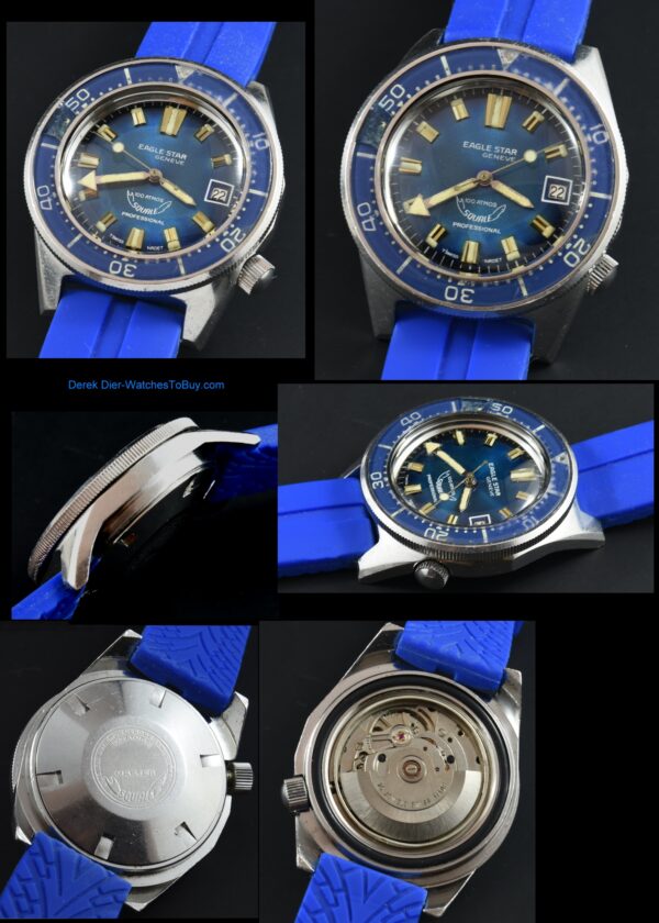 Squale 41mm Eagle Star Professional stainless steel diver's watch with original screw-back case, blue dial, and Swiss automatic movement.