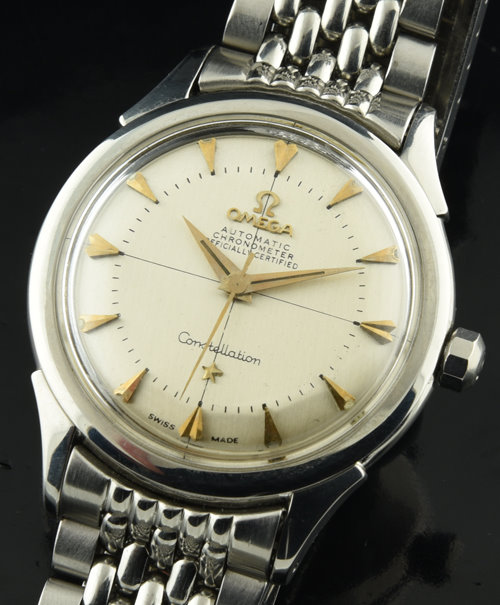 1956 Omega Constellation stainless steel watch with original crown, restored silver dial, and clean caliber 503 chronometer-grade movement.