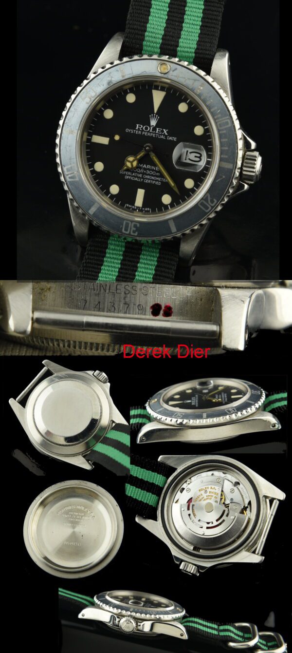 1982 Rolex Submariner stainless steel watch with original matte-black dial, vanilla lume, hands, faded ghost bezel, and automatic movement.