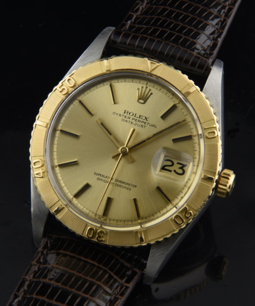 1971 Rolex Datejust Thunderbird 14k gold watch with original exterior serial number, case, bezel, dial, handset, lume plots, and movement.
