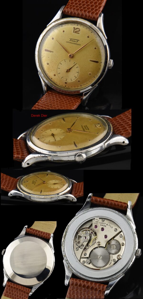 1950s Tissot 38mm Antimagnetique chrome and steel watch with original case, dial, needle hands, raised Arabic numerals, and correct crown.