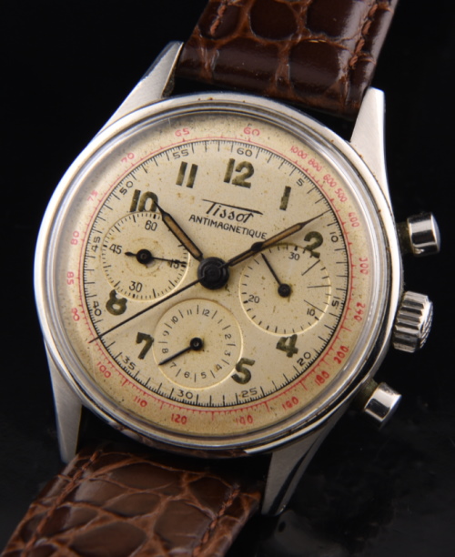 1950s Tissot Antimagnetique stainless steel chronograph watch with original blued pencil handset, restored dial, and caliber 27 movement.