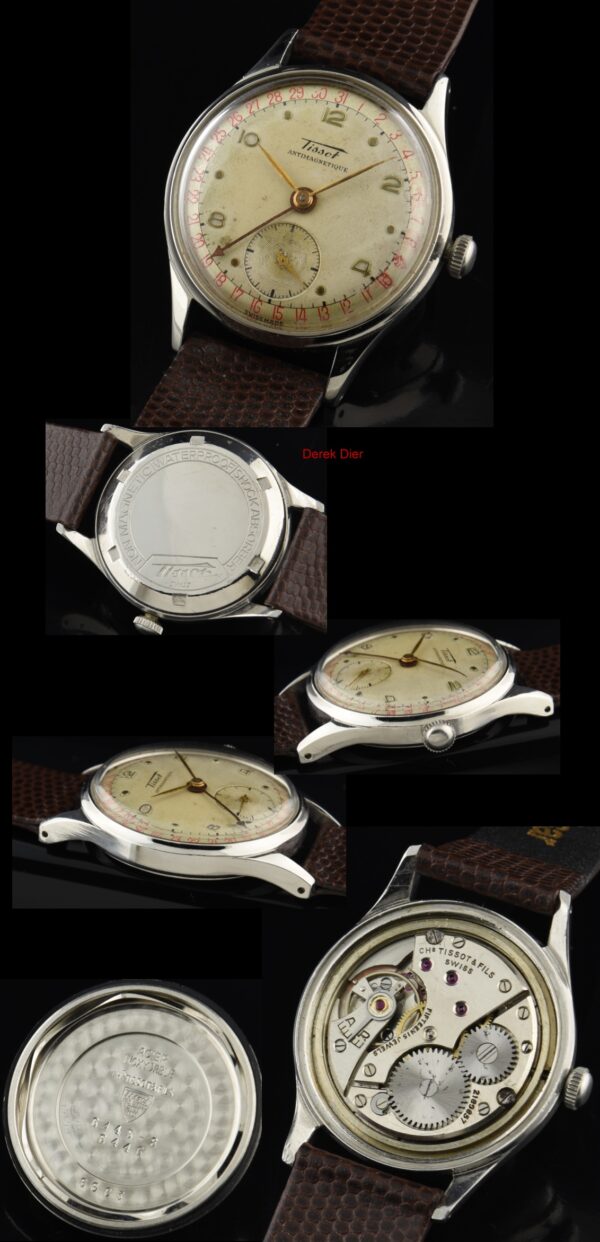 1950s Tissot Pointer Date stainless steel watch with original screw-back case, red-date outer scale dial, Arabic numerals, and needle hands.