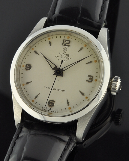 1950s Tudor Oyster Royal stainless steel watch with original pristine case, rare dial configuration, Dauphine hands, and sweep seconds.