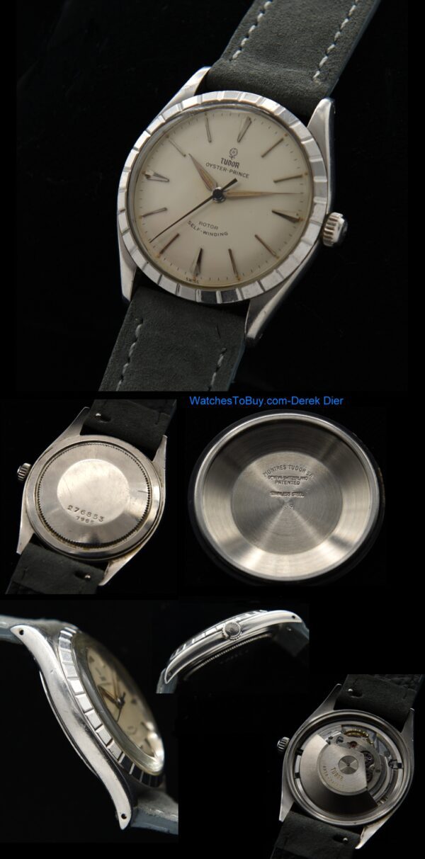 Rare 1959 Tudor Prince 34mm stainless steel watch with original bezel, dial, elongated baton/arrow markers, and automatic winding movement.