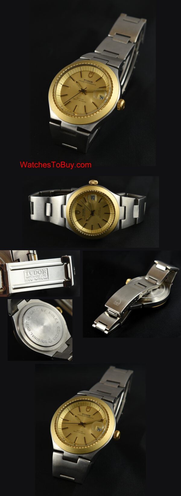 1980s Tudor Prince Oysterdate stainless steel watch with original integrated bracelet, gold bezel, and cleaned automatic winding movement.
