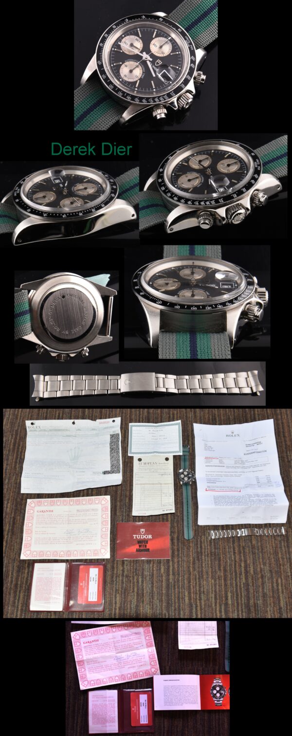 1985 Tudor 39mm stainless steel chronograph watch with original clean case, service papers, booklet, purchase receipt, and Oyster bracelet.