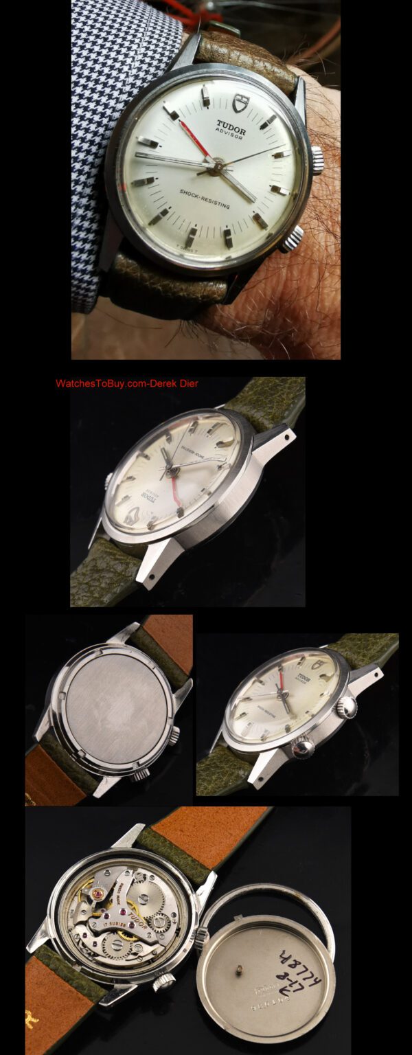 1977 Tudor 34.5mm Advisor stainless steel alarm watch with original finish, setting crowns, dial, hands, and clean manual winding movement.
