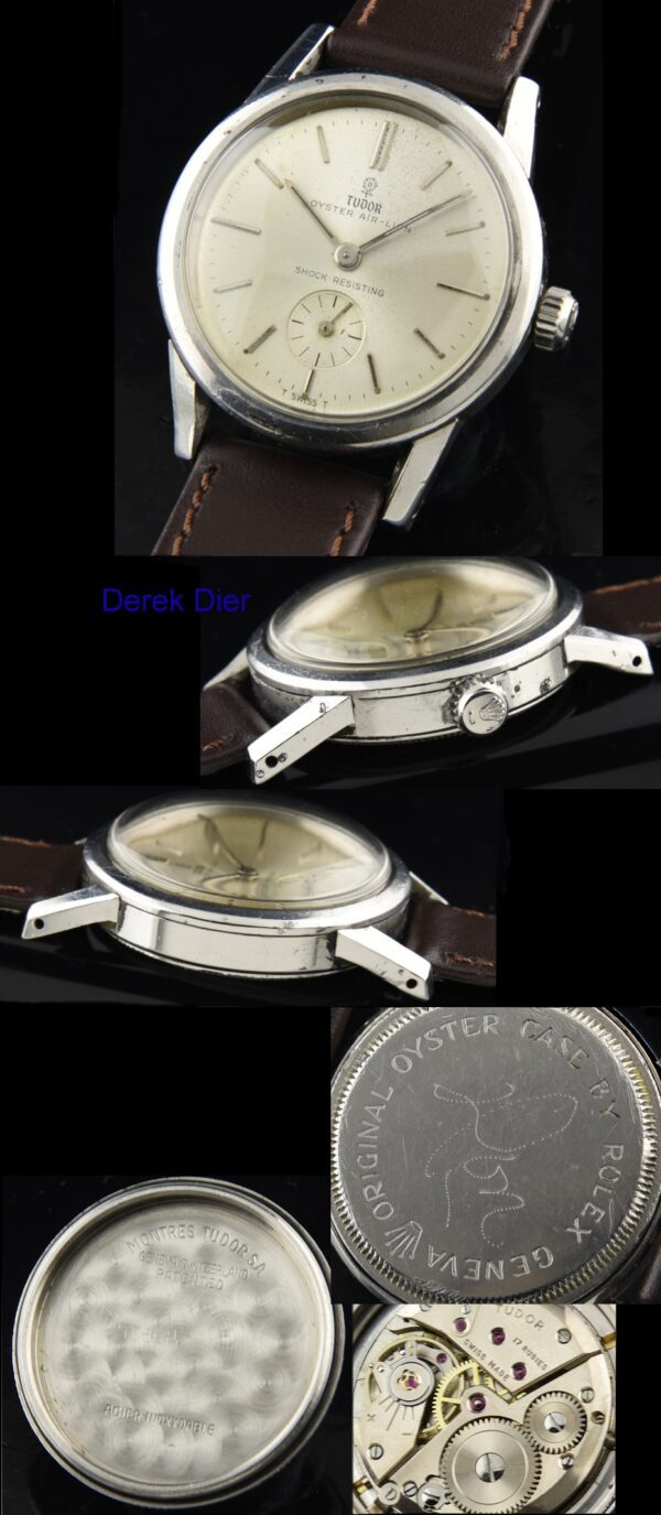1950s Tudor Air-Lion stainless steel watch with original dial, baton hands, markers, personal name inscription, and manual winding movement.