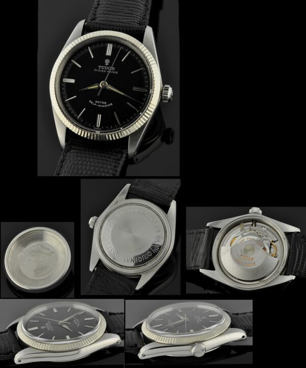 1960s Tudor Oyster Prince stainless steel watch with a solid-white-gold fluted bezel, and black dial with original steel markers.