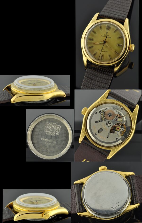 1950s Tudor Oyster-Prince gold-plated watch with original Rolex back, winding crown, aged dial, Dauphine hands, and automatic movement.