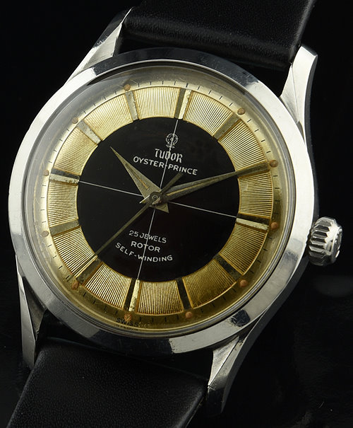 1959 Tudor Tuxedo stainless steel watch with original two-tone dial, Rolex Oyster screw-down case, lugs, and automatic winding movement.