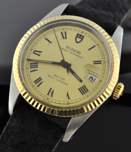 This Tudor Prince Oysterdate is the more uncommon 37.5mm jumbo version in glistening stainless steel and a 14k solid-gold bezel.