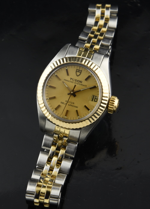 1980s Tudor 23mm Princess Oysterdate gold-plated ladies watch with original Jubilee-style bracelet, dial, and cleaned automatic movement.