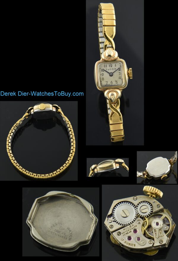 1940s Tudor ladies gold-filled stainless steel cocktail watch with original Rolex movement, case, dial, heart-shaped lugs, and stretch band.