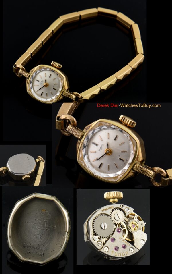 1950s Tudor gold-filled ladies cocktail watch with original glass crystal, beveled edges, signed case, and manual winding Rolex movement.