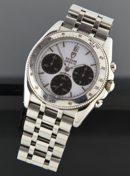 Modern Tudor Monarch stainless steel chronograph with original case, crystal, setting crown, and high-quality, accurate quartz movement.