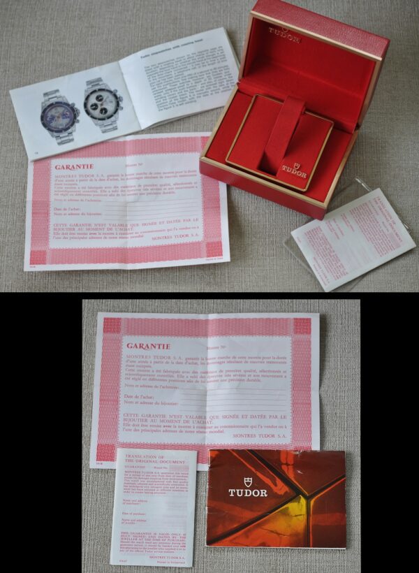 Tudor Monte Carlo chronograph watch box set with original open papers, and mostly intact instruction booklet.
