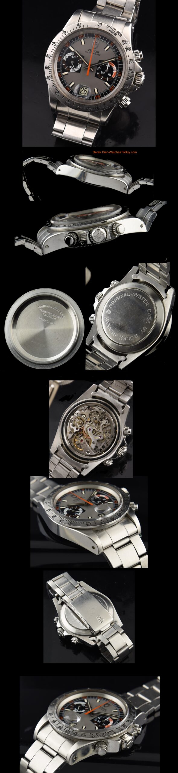 Tudor Monte Carlo stainless steel chronograph watch with original case, bezel, pushers, cyclops crystal, and Valjoux 234 manual movement.