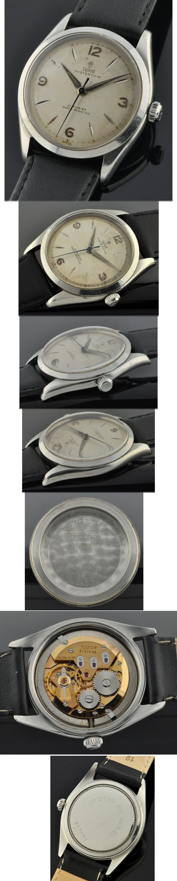 1950s Tudor Oysterthin stainless steel watch with original Rolex Oyster winding crown, silver dial, and hands.