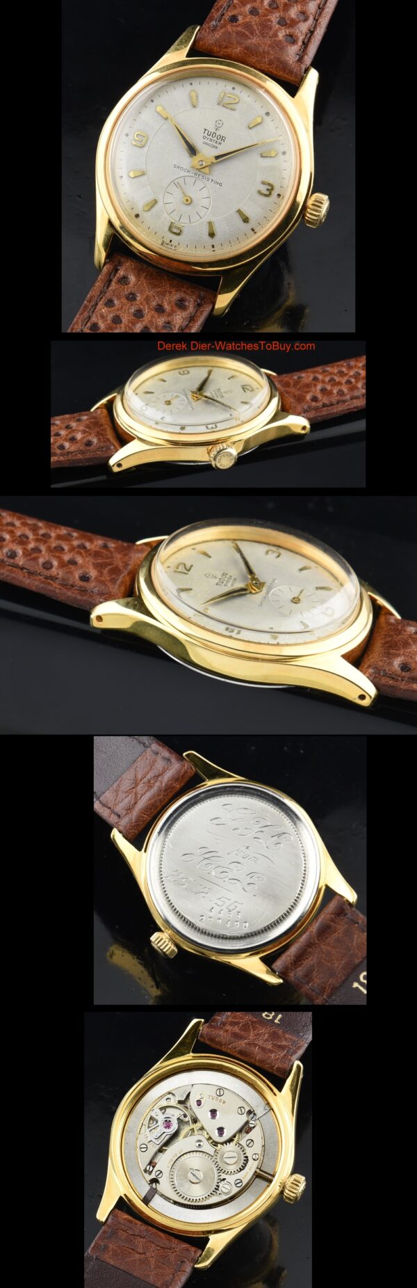 1956 Tudor 34mm Oyster Unicorn gold-plated watch with original dial, hands, case, patented crown, and cleaned, fine manual winding movement.