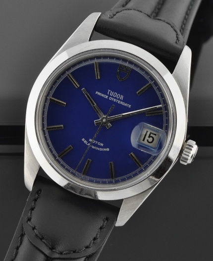1970s Tudor Prince Oysterdate stainless steel watch with original refinished custom deep-blue dial, markers, hands, and black inset.
