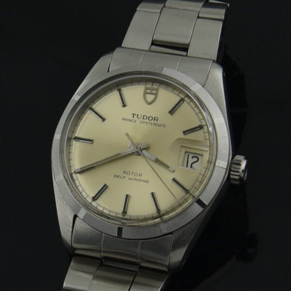 1979 Tudor Prince Oysterdate stainless steel watch with original box, papers, hand tag, engine-turned bezel, and automatic winding movement.